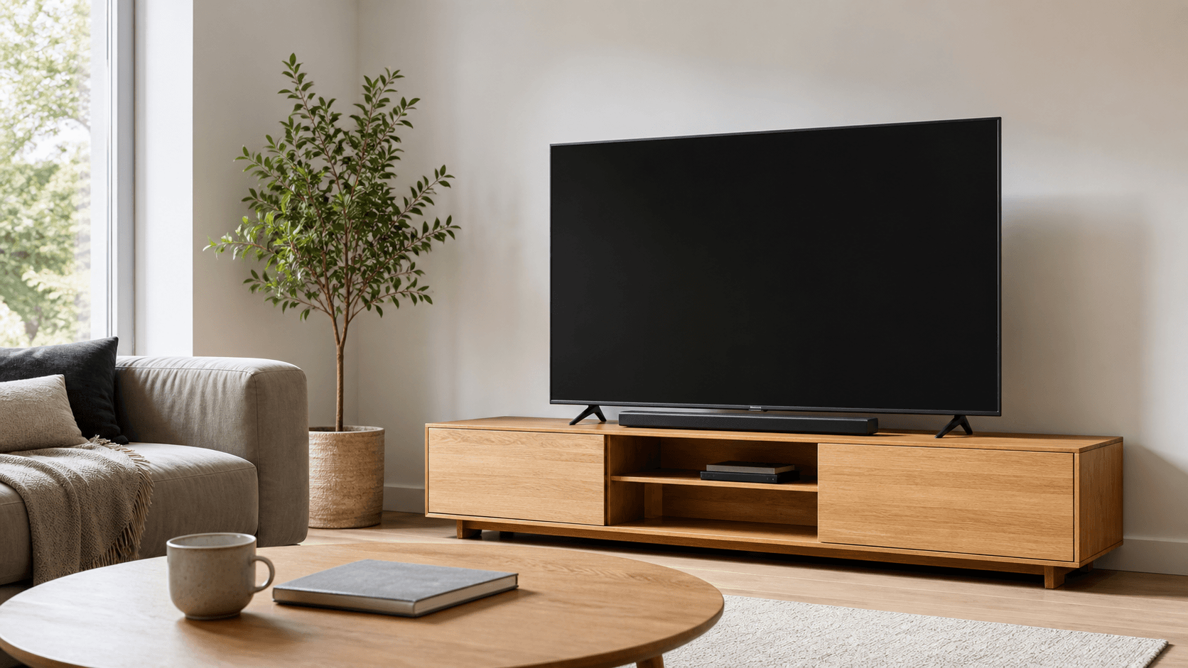 A calm living room with a television and natural wood media console